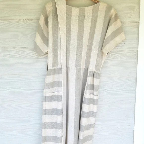 *SOLD*Vintage 80s Minimalist Lagenlook Dress Gray/Oat Color Belted Pockets - Picture 14 of 16